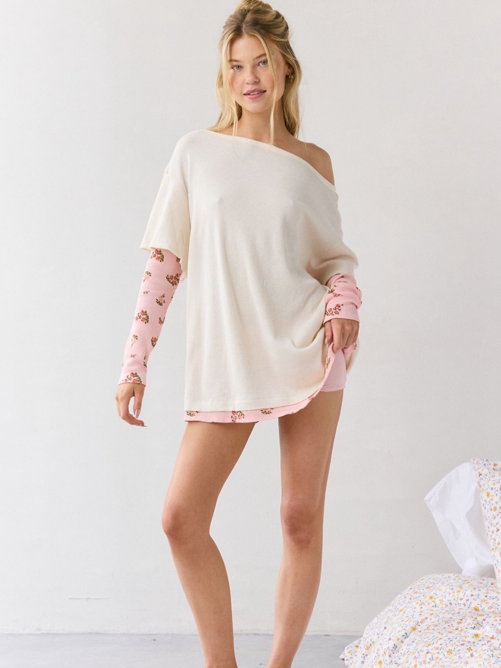 Urban Outfitters White/Pink Waffle Knit Layered Floral Boat Neck Dolman XXS